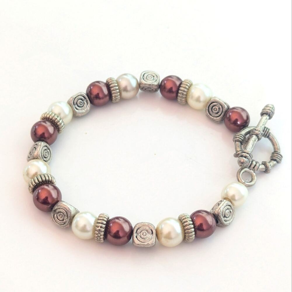 Artisan Faux Pearl Glass Beaded Ornate Swirl Silver Tone Boho Toggle Bracelet